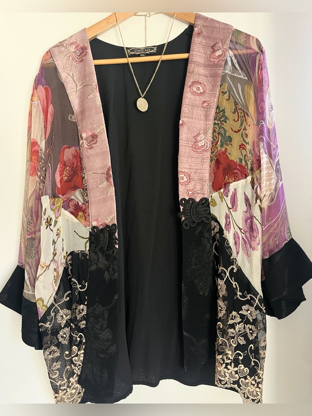 Violet Kay silk blend Black Open-Front Kimono Jacket boho patchwork